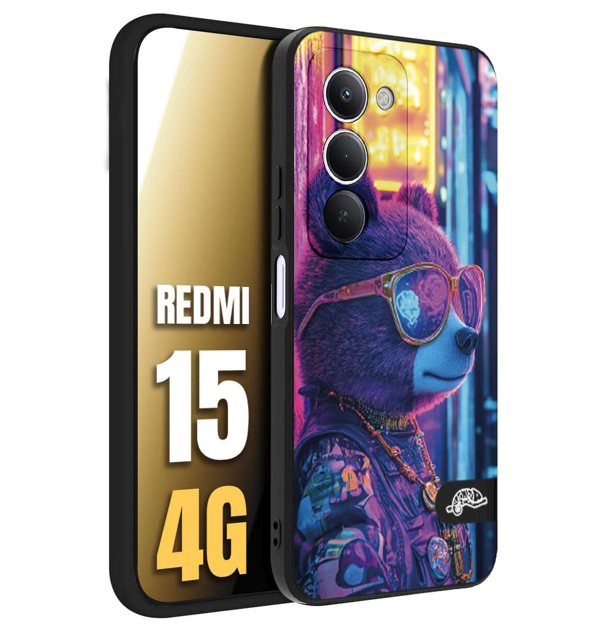 CUSTOMIZZA - Custodia cover nera morbida in tpu compatibile per Xiaomi Redmi 15 4G animali cyberpunk orsetto orso street bear fucsia blu night