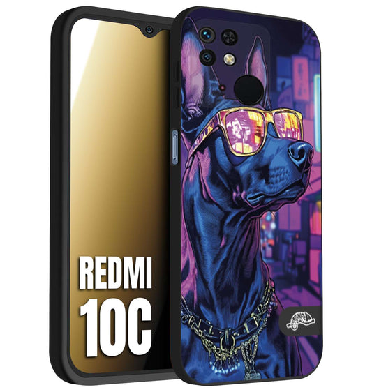 CUSTOMIZZA - Custodia cover nera morbida in tpu compatibile per Xiaomi Redmi 10C animali cyberpunk dobermann cane street dog fucsia blu night
