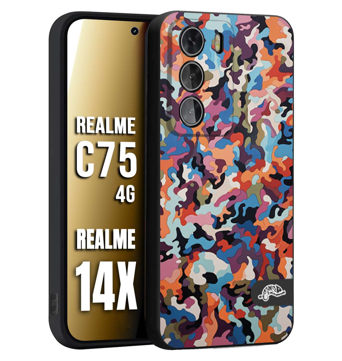 CUSTOMIZZA - Custodia cover nera morbida in tpu compatibile per Realme 14X - C75 4G camouflage mimetico militare moderno blu arancio rosa