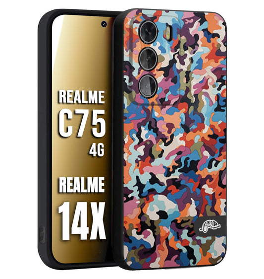 CUSTOMIZZA - Custodia cover nera morbida in tpu compatibile per Realme 14X - C75 4G camouflage mimetico militare moderno blu arancio rosa