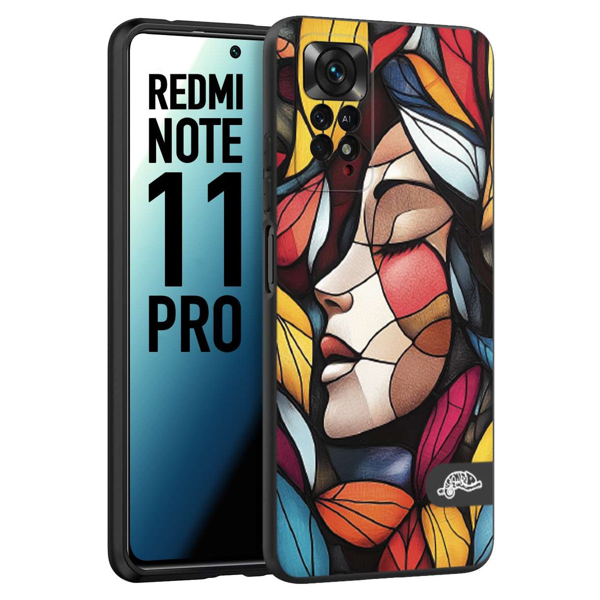 CUSTOMIZZA - Custodia cover nera morbida in tpu compatibile per Xiaomi Redmi Note 11 PRO Vetrata artistica volto di donna profilo fogliare mosaico di vetro colorato