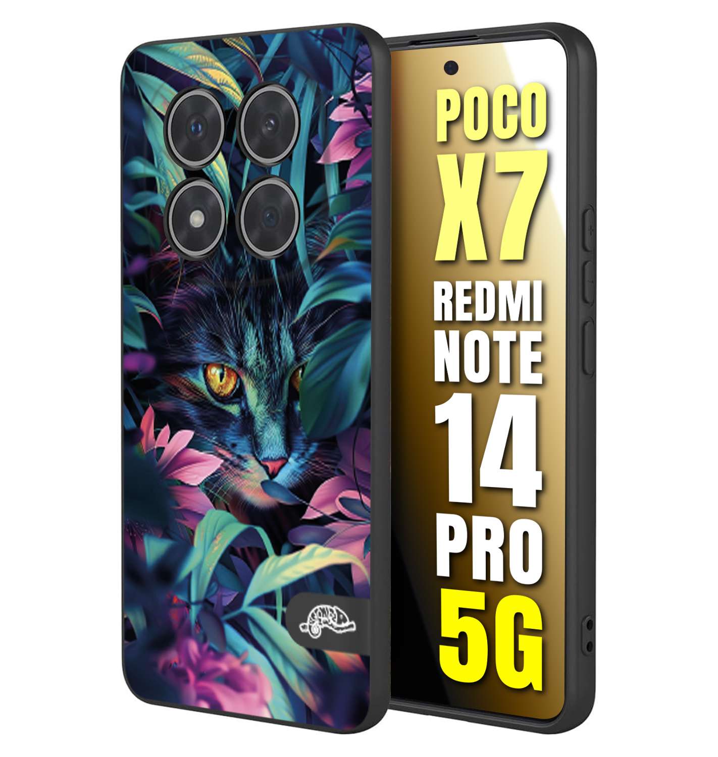 CUSTOMIZZA - Custodia cover nera morbida in tpu compatibile per Xiaomi Redmi Note 14 PRO 5G animali color giungla tropicale occhio di gatto colori vibranti disegnato