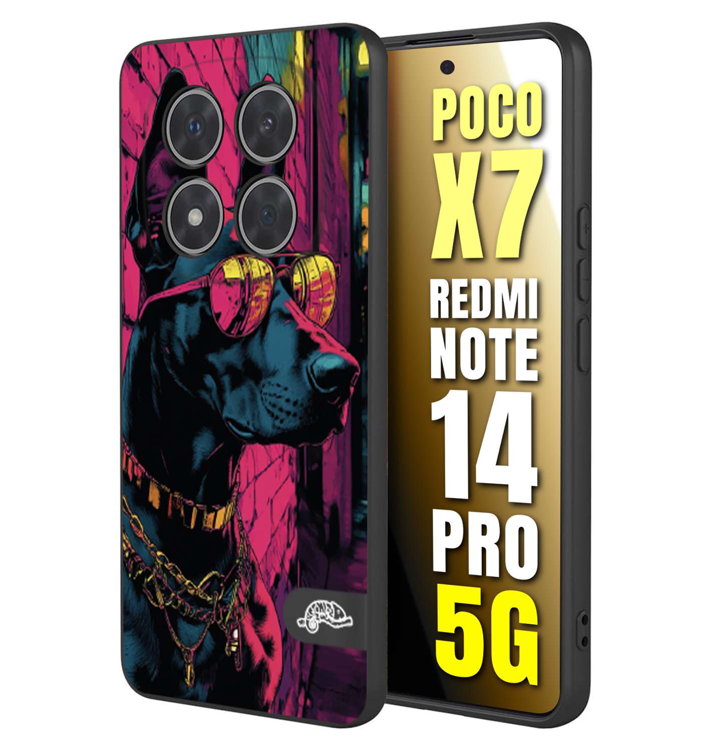 CUSTOMIZZA - Custodia cover nera morbida in tpu compatibile per Xiaomi Redmi Note 14 PRO 5G animali cyberpunk dobermann cane street dog fucsia blu