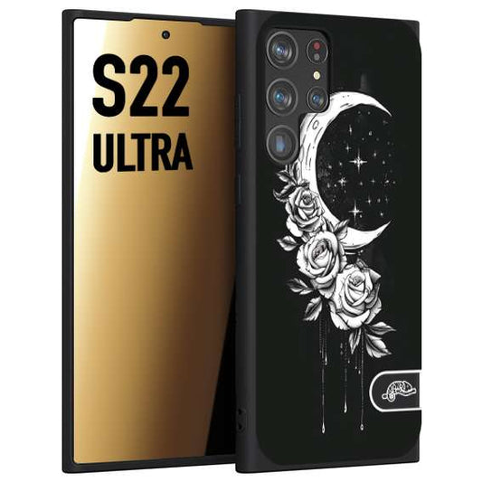 CUSTOMIZZA - Custodia cover nera morbida in tpu compatibile per Samsung S22 ULTRA luna e fiori moon flowers black and white bianco a rilievo disegnato tattoo tatuaggio