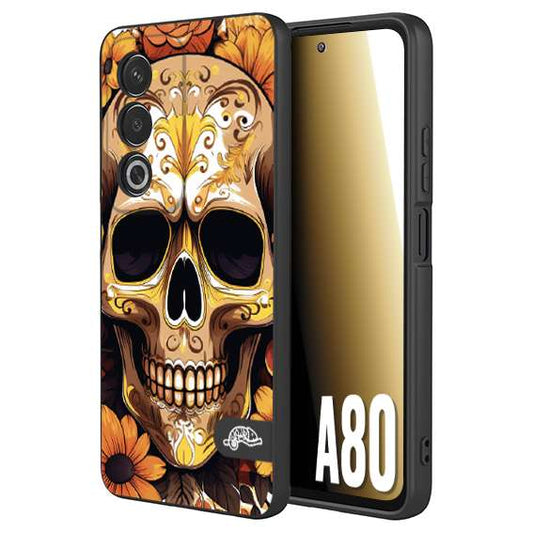 CUSTOMIZZA - Custodia cover nera morbida in tpu compatibile per Oppo A80 teschio messicano colorato dorato fiori tattoo disegnato