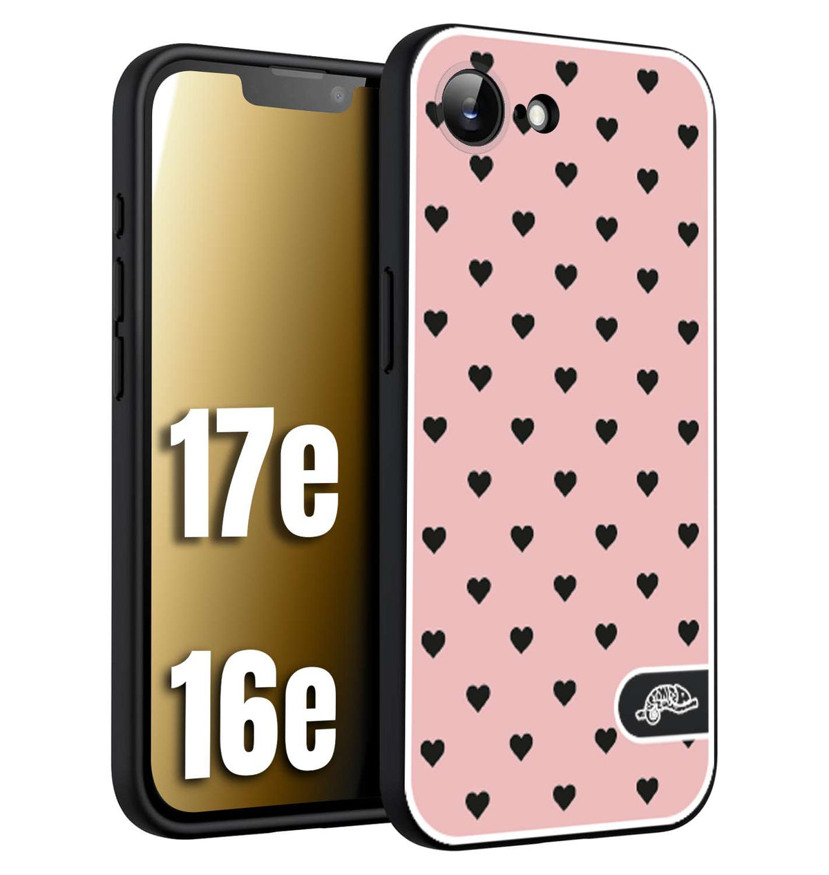 CUSTOMIZZA - Custodia cover nera morbida in tpu compatibile per iPhone 16E - 17E cuori pois rosa donna pin up vintage