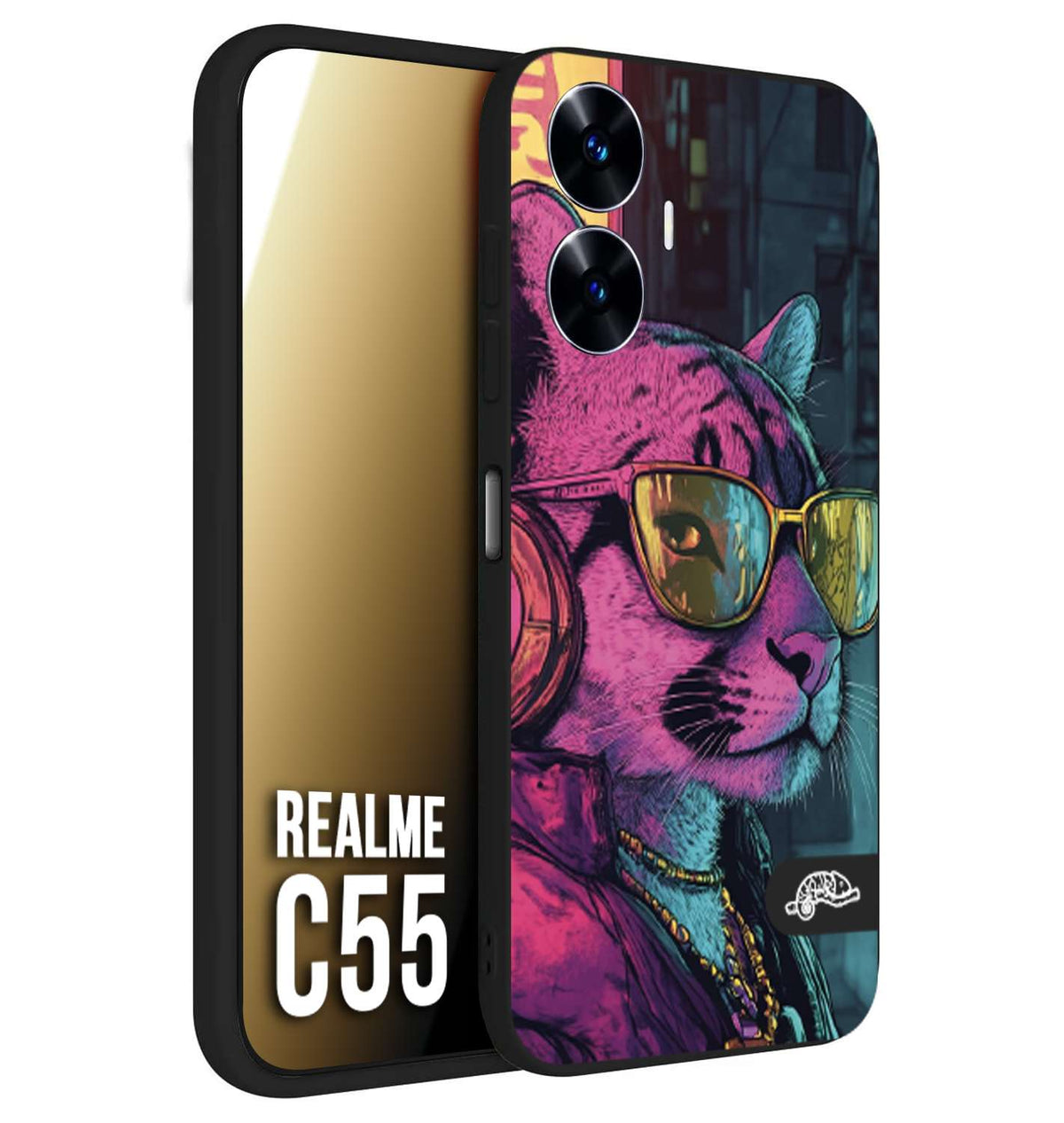 CUSTOMIZZA - Custodia cover nera morbida in tpu compatibile per Realme C55 animali cyberpunk pantera street cat fucsia blu giallo