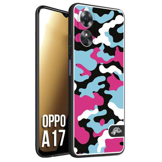 CUSTOMIZZA - Custodia cover nera morbida in tpu compatibile per Oppo A17 camouflage mimetico militare fucsia celeste