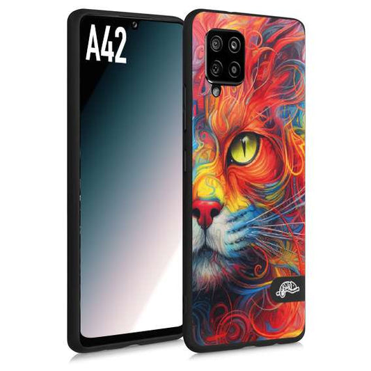 CUSTOMIZZA - Custodia cover nera morbida in tpu compatibile per Samsung A42 animali color cat gatto viso colori vibranti disegnato schizzo