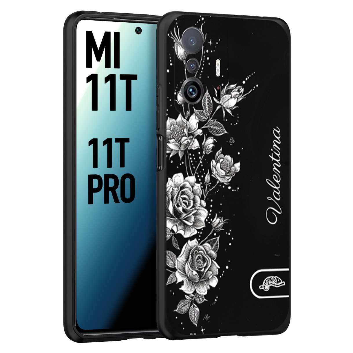 CUSTOMIZZA - Custodia cover nera morbida in tpu compatibile per Xiaomi Mi 11T - Mi 11T PRO a rilievo soft touch personalizzata nome rose fiori donna