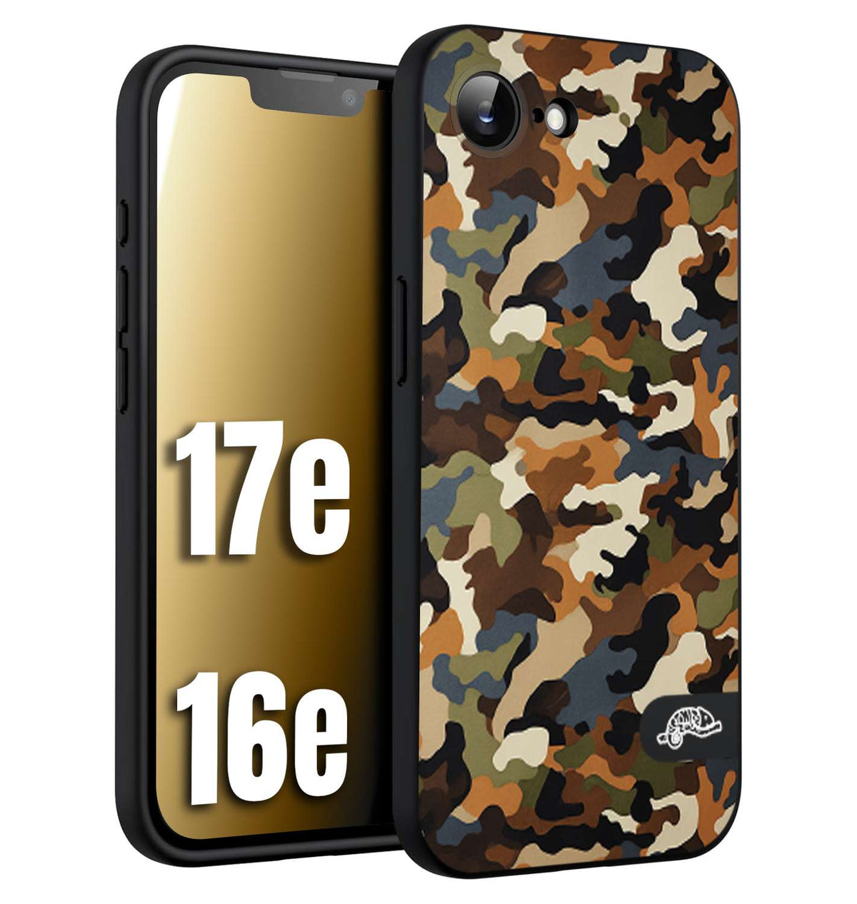 CUSTOMIZZA - Custodia cover nera morbida in tpu compatibile per iPhone 16E - 17E camouflage mimetico militare moderno blu marrone beige