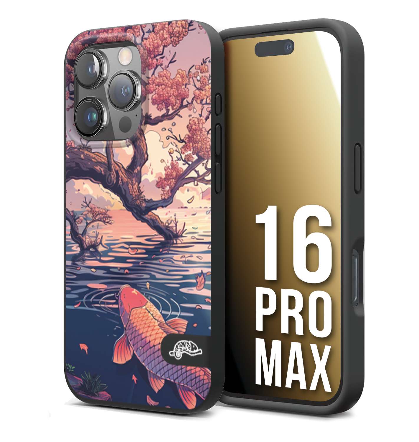 CUSTOMIZZA - Custodia cover nera morbida in tpu compatibile per iPhone 16 PRO MAX giapponese lago carpa koi rosa con foglie d'acero disegnata tattoo