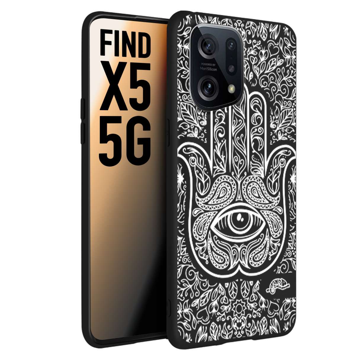 CUSTOMIZZA - Custodia cover nera morbida in tpu compatibile per Oppo Find X5 mano di fatima effetto rilievo mandala donna