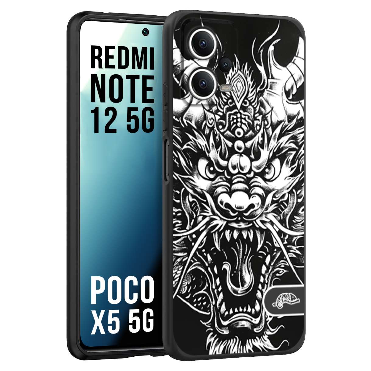 CUSTOMIZZA - Custodia cover nera morbida in tpu compatibile per Xiaomi Redmi Note 12 - POCO X5 5G drago black and white bianco a rilievo disegnato tattoo tatuaggio