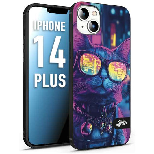 CUSTOMIZZA - Custodia cover nera morbida in tpu compatibile per iPhone 14 PLUS animali cyberpunk gatto street cat fucsia blu giallo