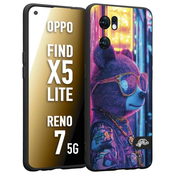 CUSTOMIZZA - Custodia cover nera morbida in tpu compatibile per Oppo Reno 7 - Find X5 LITE animali cyberpunk orsetto orso street bear fucsia blu night