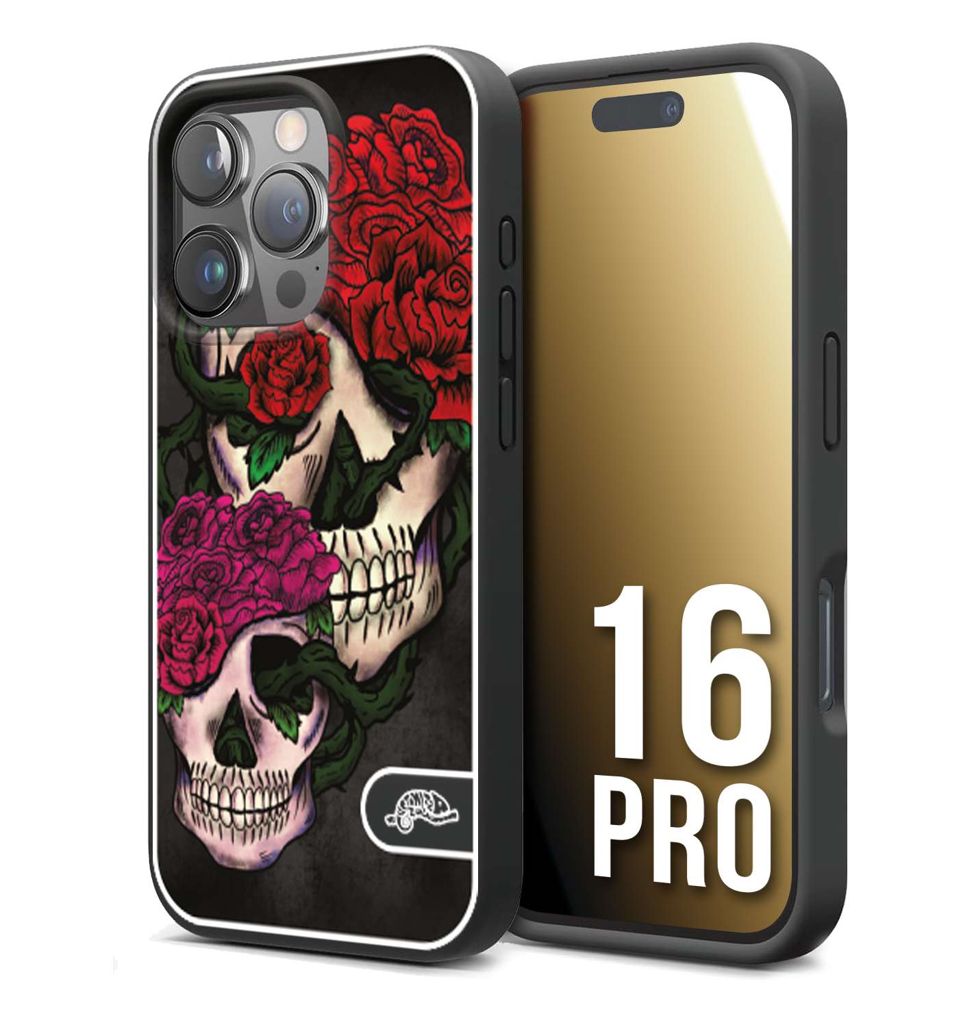 CUSTOMIZZA - Custodia cover nera morbida in tpu compatibile per iPhone 16 PRO teschi e rose rosse fucsia skull and roses