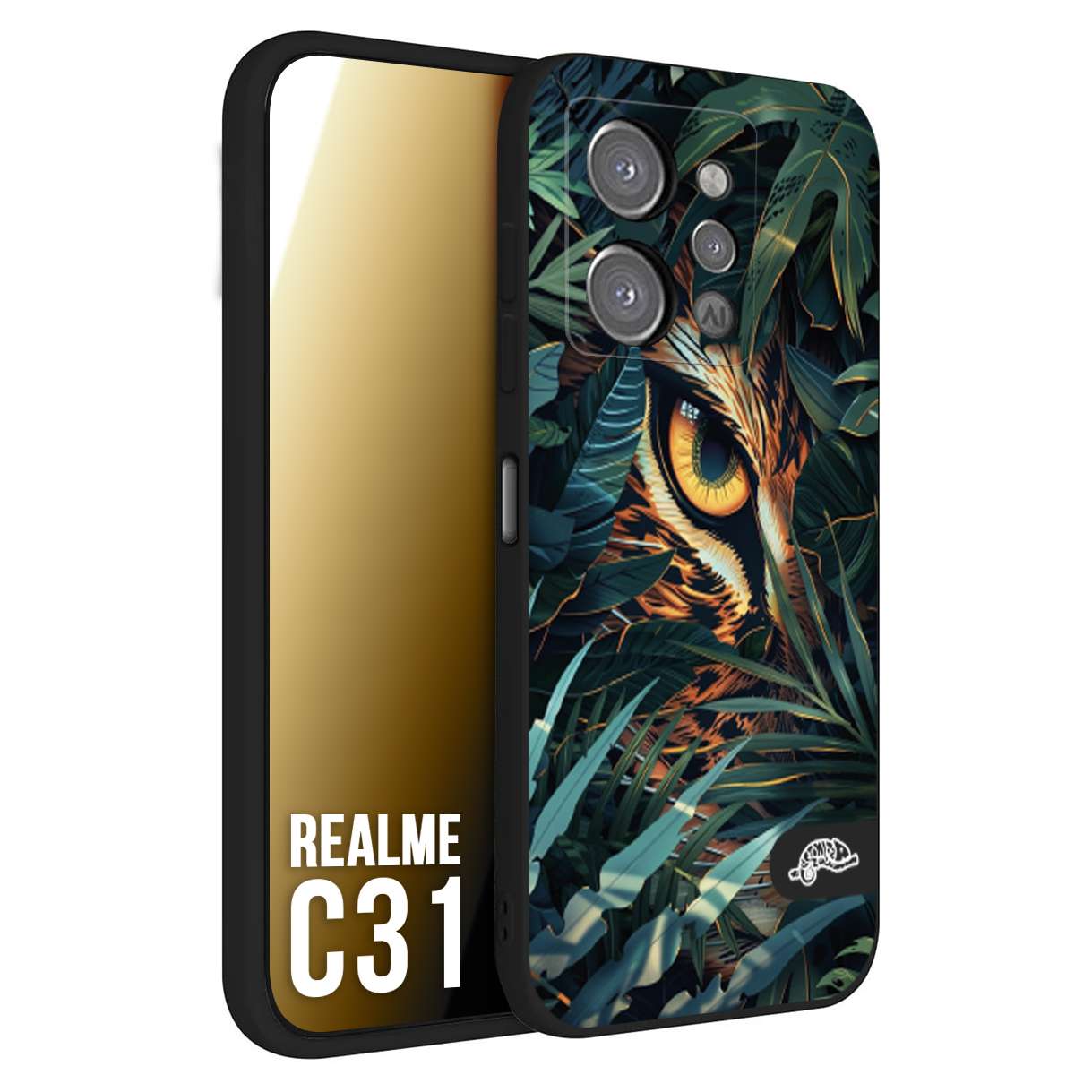 CUSTOMIZZA - Custodia cover nera morbida in tpu compatibile per Realme C31 animali color giungla tropicale occhio di giaguaro felino disegnato