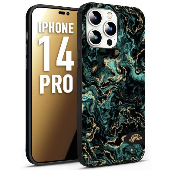 CUSTOMIZZA - Custodia cover nera morbida in tpu compatibile per iPhone 14 PRO effetto marmo marble verde green venature dorato pietra