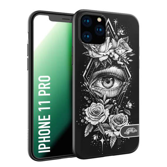 CUSTOMIZZA - Custodia cover nera morbida in tpu compatibile per iPhone 11 PRO occhio fiori rombo geometrico black and white bianco a rilievo disegnato tattoo tatuaggio