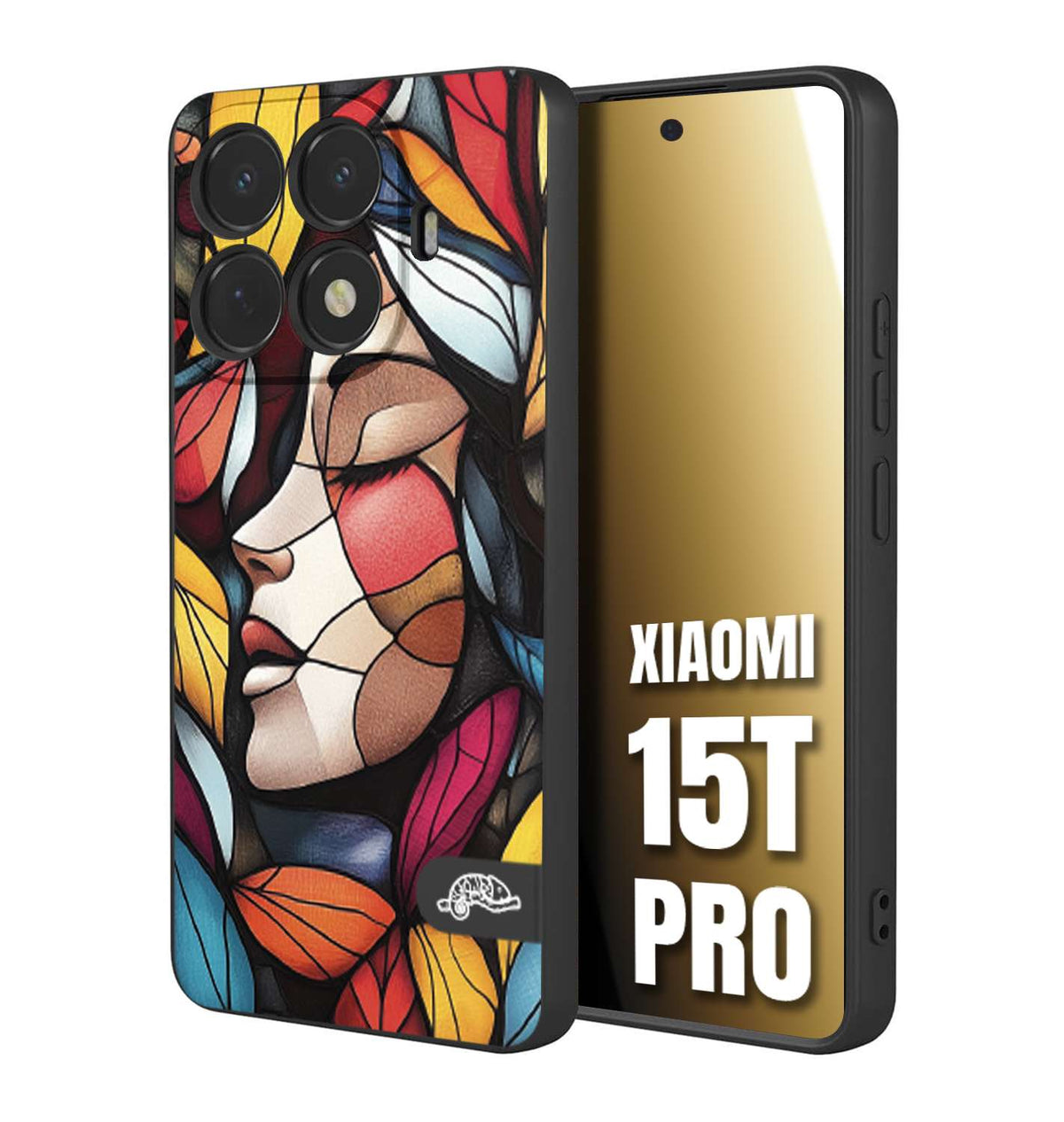 CUSTOMIZZA - Custodia cover nera morbida in tpu compatibile per Xiaomi 15T PRO Vetrata artistica volto di donna profilo fogliare mosaico di vetro colorato