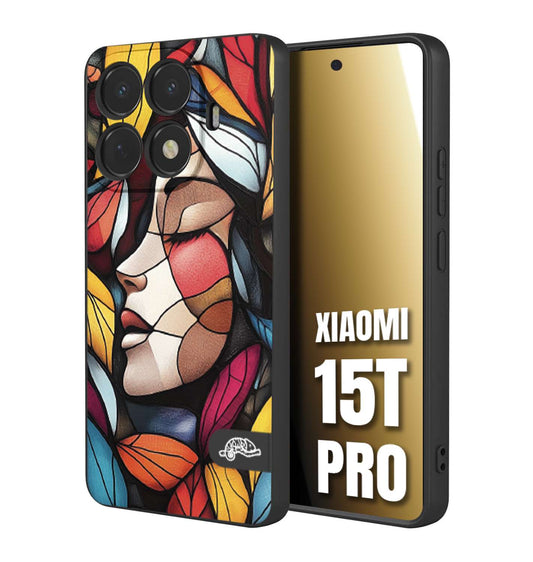 CUSTOMIZZA - Custodia cover nera morbida in tpu compatibile per Xiaomi 15T PRO Vetrata artistica volto di donna profilo fogliare mosaico di vetro colorato