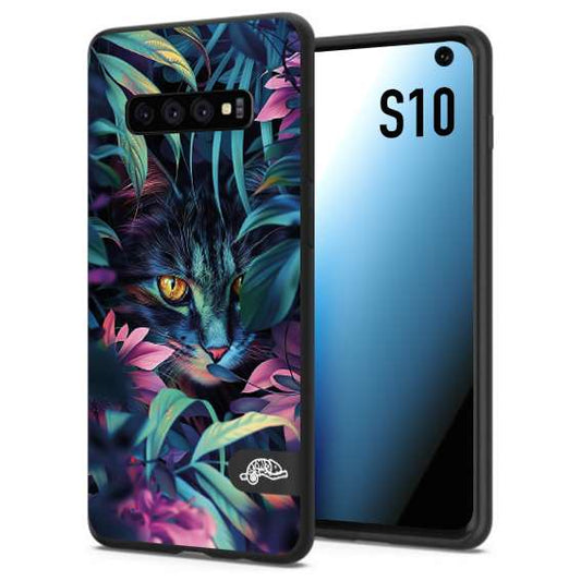 CUSTOMIZZA - Custodia cover nera morbida in tpu compatibile per Samsung S10 animali color giungla tropicale occhio di gatto colori vibranti disegnato