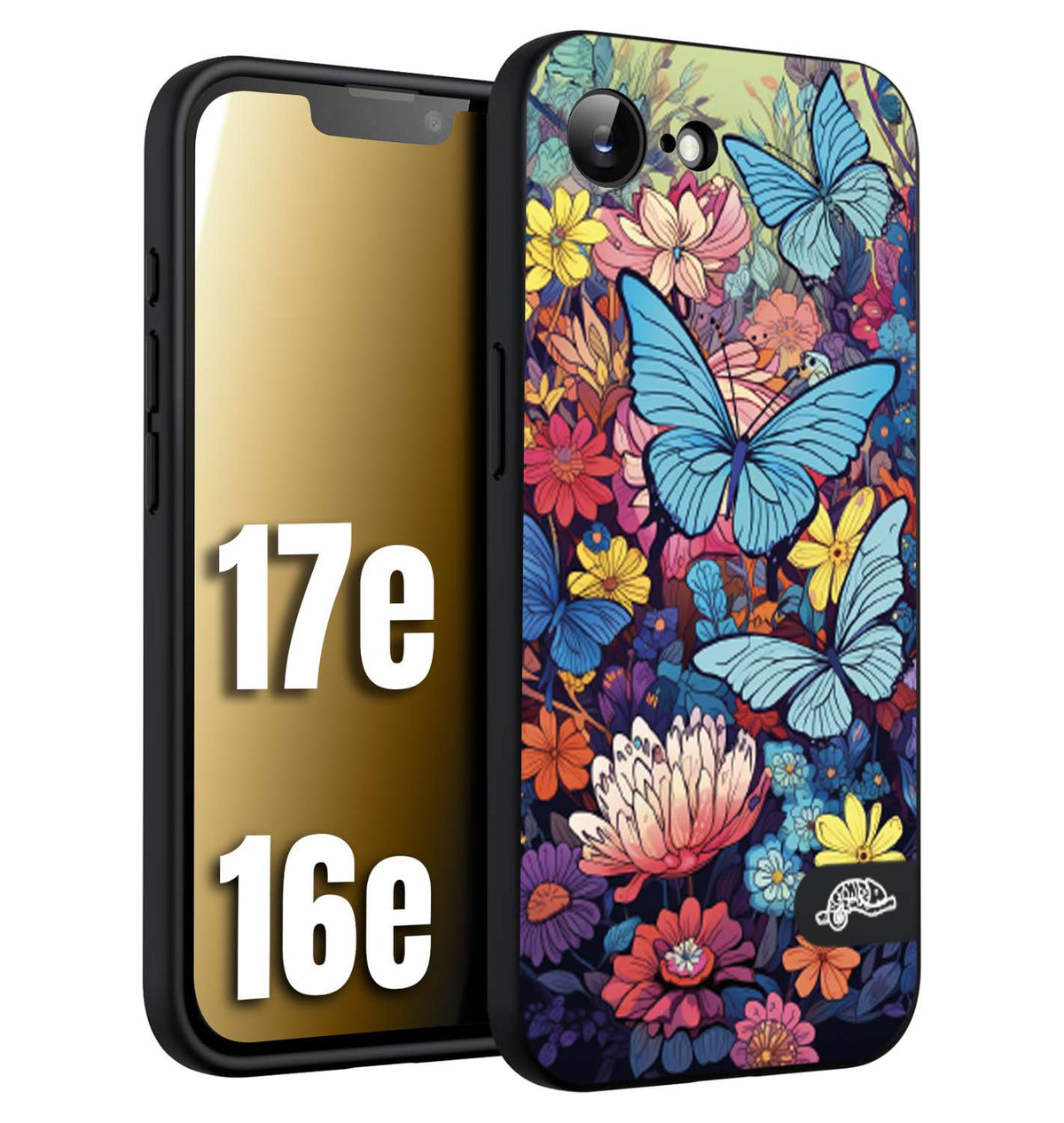 CUSTOMIZZA - Custodia cover nera morbida in tpu compatibile per iPhone 16E - 17E farfalle butterfly moderno donna disegnate gialla blu rosa