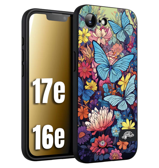 CUSTOMIZZA - Custodia cover nera morbida in tpu compatibile per iPhone 16E - 17E farfalle butterfly moderno donna disegnate gialla blu rosa