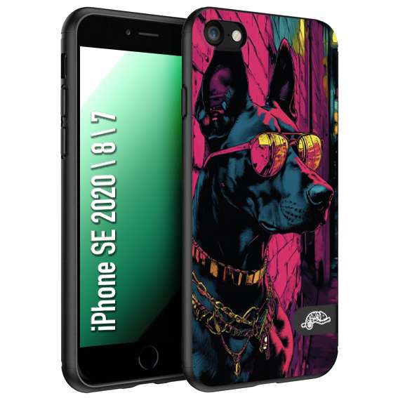 CUSTOMIZZA - Custodia cover nera morbida in tpu compatibile per iPhone 7 - 8 - SE 2020 / 2022 animali cyberpunk dobermann cane street dog fucsia blu