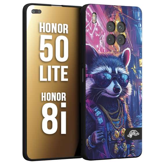 CUSTOMIZZA - Custodia cover nera morbida in tpu compatibile per Honor 8i - Honor 50 LITE animali simpatici cyberpunk procione racoon street cat fucsia blu giallo