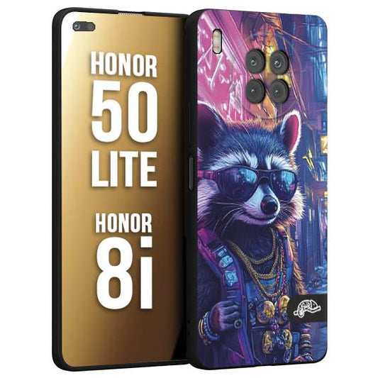 CUSTOMIZZA - Custodia cover nera morbida in tpu compatibile per Honor 8i - Honor 50 LITE animali simpatici cyberpunk procione racoon street cat fucsia blu giallo