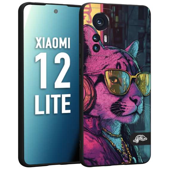 CUSTOMIZZA - Custodia cover nera morbida in tpu compatibile per Xiaomi 12 LITE animali cyberpunk pantera street cat fucsia blu giallo