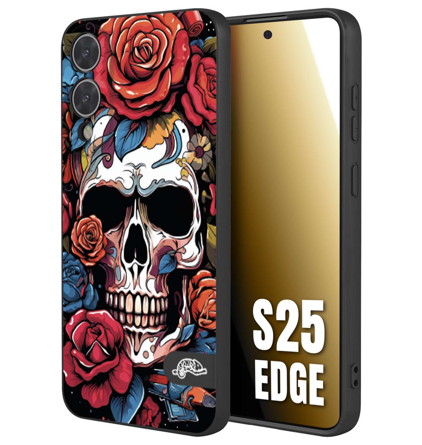 CUSTOMIZZA - Custodia cover nera morbida in tpu compatibile per Samsung S25 EDGE teschio skull flowers fiori rose rosse tattoo disegnato