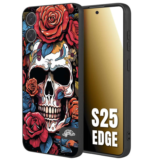 CUSTOMIZZA - Custodia cover nera morbida in tpu compatibile per Samsung S25 EDGE teschio skull flowers fiori rose rosse tattoo disegnato