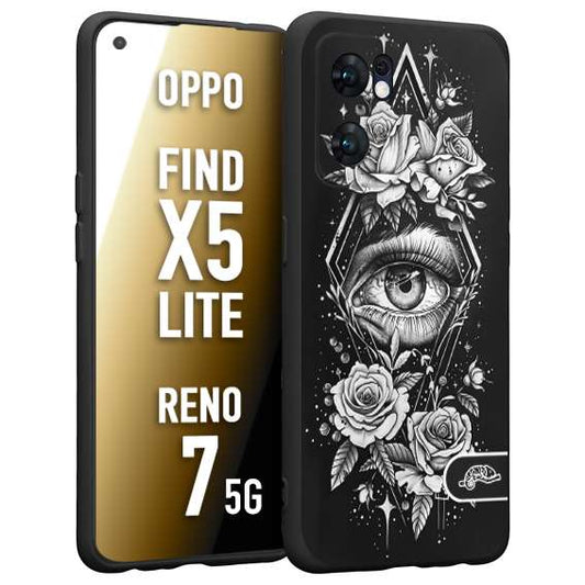 CUSTOMIZZA - Custodia cover nera morbida in tpu compatibile per Oppo Reno 7 - Find X5 LITE occhio fiori rombo geometrico black and white bianco a rilievo disegnato tattoo tatuaggio