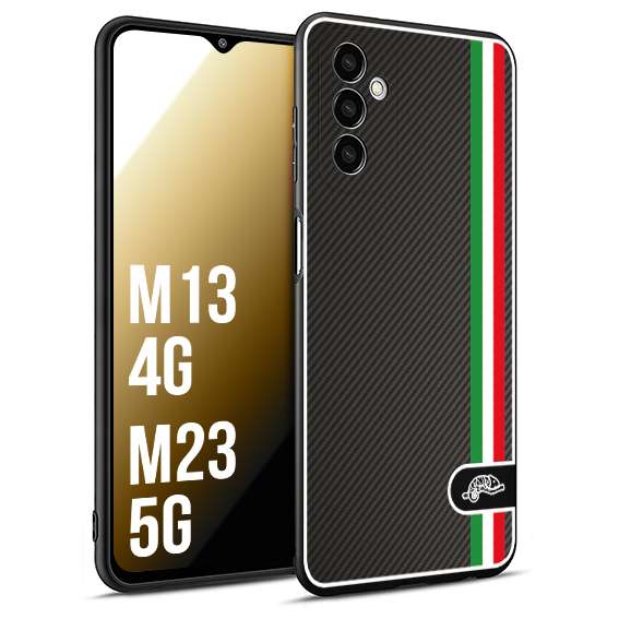 CUSTOMIZZA - Custodia cover nera morbida in tpu compatibile per Samsung M13 4G - M23 5G effetto fibra di carbonio bandiera Italia made in Italy