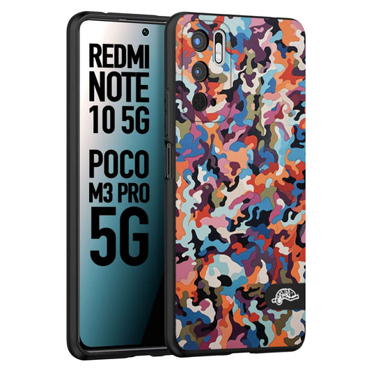 CUSTOMIZZA - Custodia cover nera morbida in tpu compatibile per Xiaomi Redmi Note 10 5G - Poco M3 Pro 5G camouflage mimetico militare moderno blu arancio rosa
