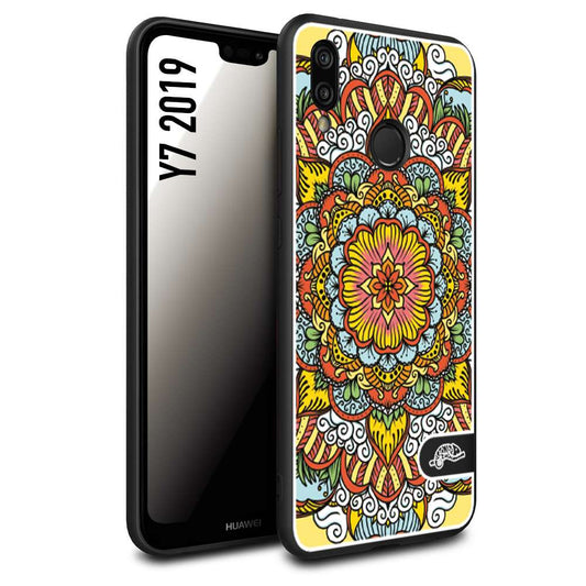 CUSTOMIZZA - Custodia cover nera morbida in tpu compatibile per Huawei Y7 2019 mandala colorato fiore nuvole arancione