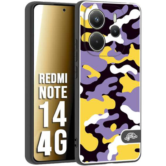 CUSTOMIZZA - Custodia cover nera morbida in tpu compatibile per Xiaomi Redmi Note 14 4G camouflage mimetico militare viola lilla giallo