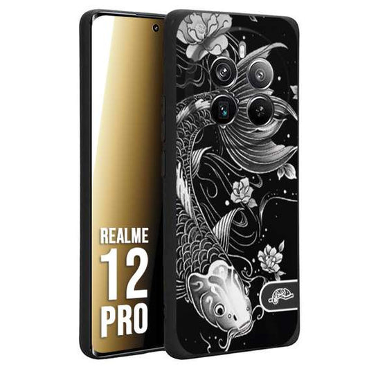CUSTOMIZZA - Custodia cover nera morbida in tpu compatibile per Realme 12 PRO carpa koi black and white bianco a rilievo disegnato tattoo tatuaggio