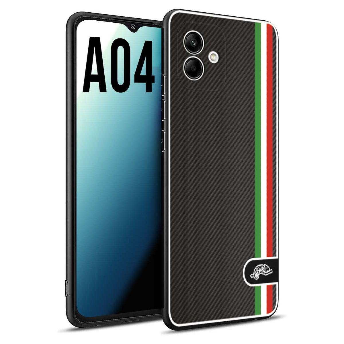 CUSTOMIZZA - Custodia cover nera morbida in tpu compatibile per Samsung A04 effetto fibra di carbonio bandiera Italia made in Italy