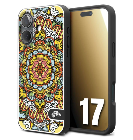 CUSTOMIZZA - Custodia cover nera morbida in tpu compatibile per iPhone 17 mandala colorato fiore nuvole arancione