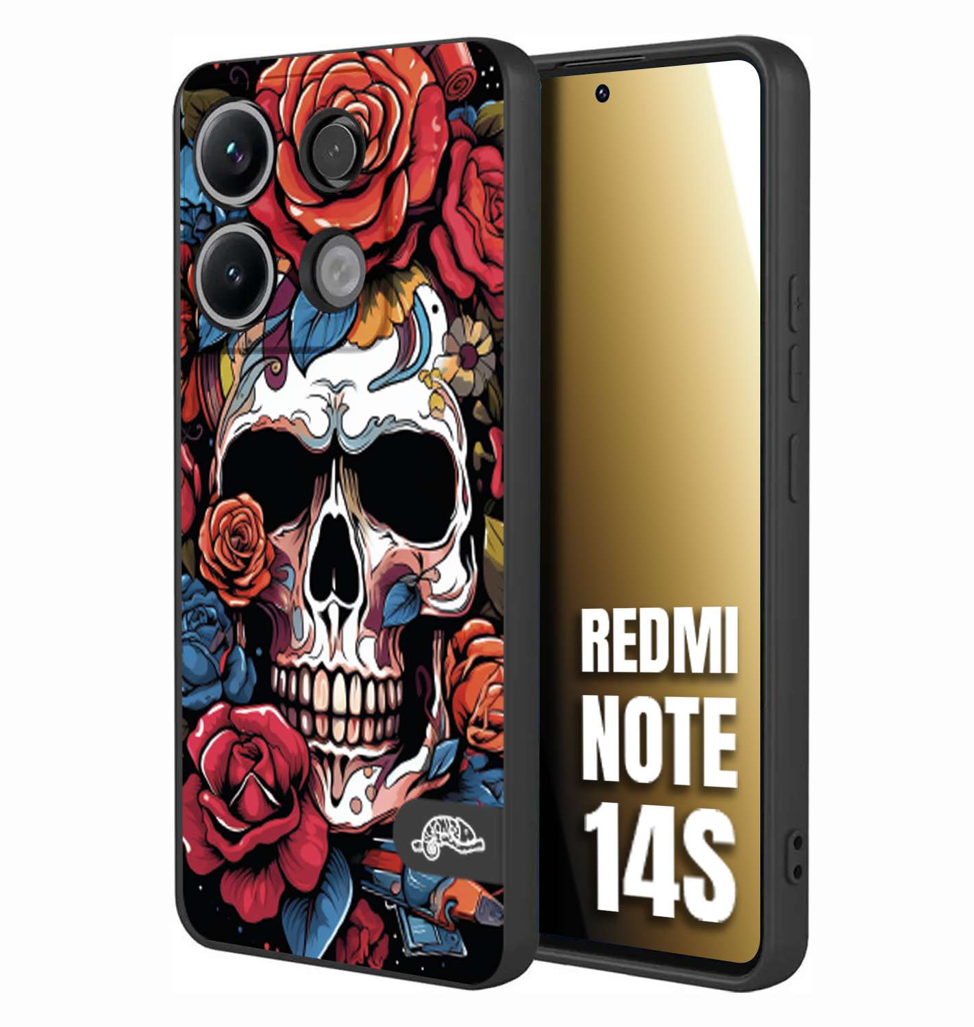 CUSTOMIZZA - Custodia cover nera morbida in tpu compatibile per Xiaomi Redmi Note 14S teschio skull flowers fiori rose rosse tattoo disegnato