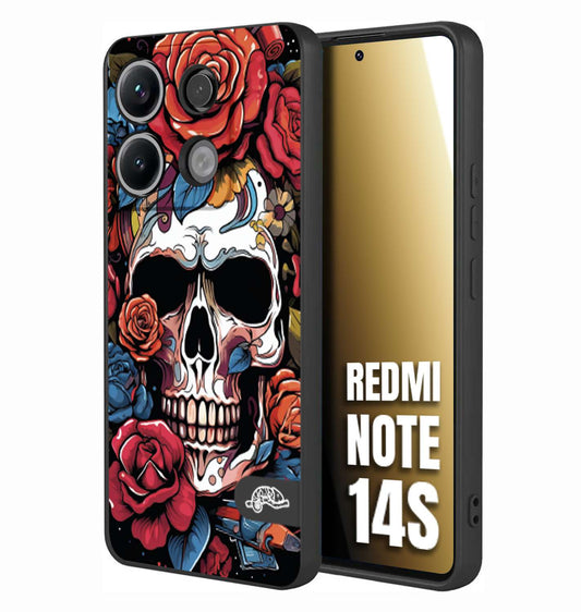 CUSTOMIZZA - Custodia cover nera morbida in tpu compatibile per Xiaomi Redmi Note 14S teschio skull flowers fiori rose rosse tattoo disegnato