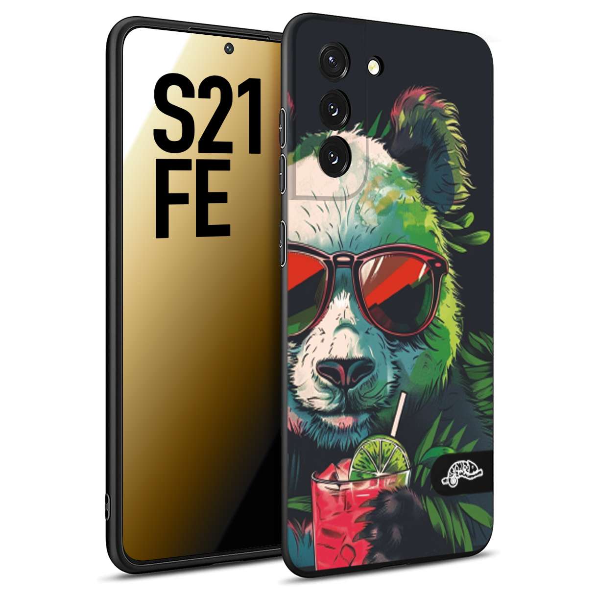 CUSTOMIZZA - Custodia cover nera morbida in tpu compatibile per Samsung S21 FE estate disegnata cocktails animali simpatici panda mojito