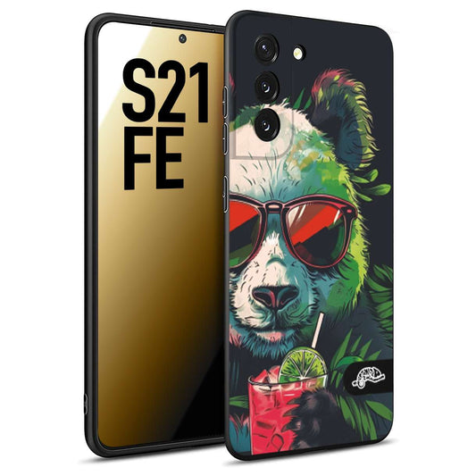 CUSTOMIZZA - Custodia cover nera morbida in tpu compatibile per Samsung S21 FE estate disegnata cocktails animali simpatici panda mojito