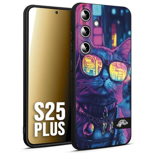 CUSTOMIZZA - Custodia cover nera morbida in tpu compatibile per Samsung S25 PLUS animali cyberpunk gatto street cat fucsia blu giallo