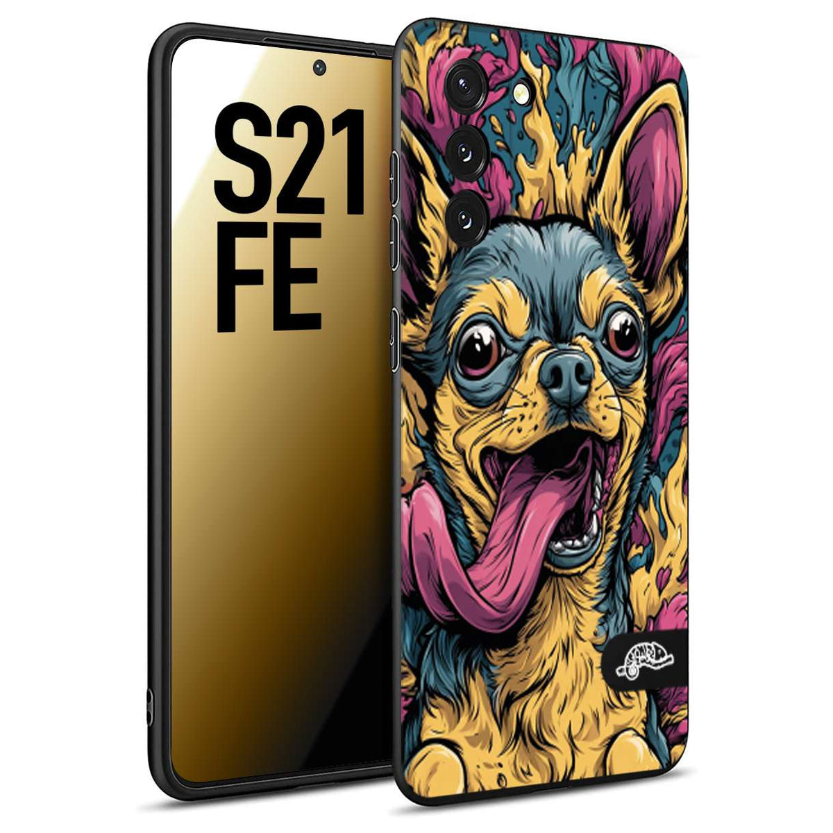 CUSTOMIZZA - Custodia cover nera morbida in tpu compatibile per Samsung S21 FE Chihuahua illustrazione cane pop art cane street art cartone animato