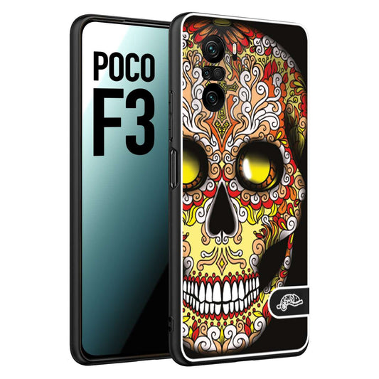 CUSTOMIZZA - Custodia cover nera morbida in tpu compatibile per Xiaomi Poco F3 teschio messicano Mexican skull giallo rosso arancio